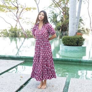 Fox & Mermaid NWT Maroon Block Print Boho Prairie Maxi Dress M